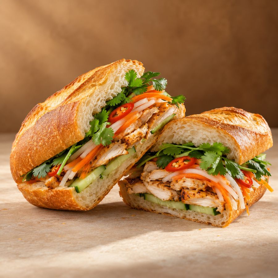 Chicken banh mi cut in half